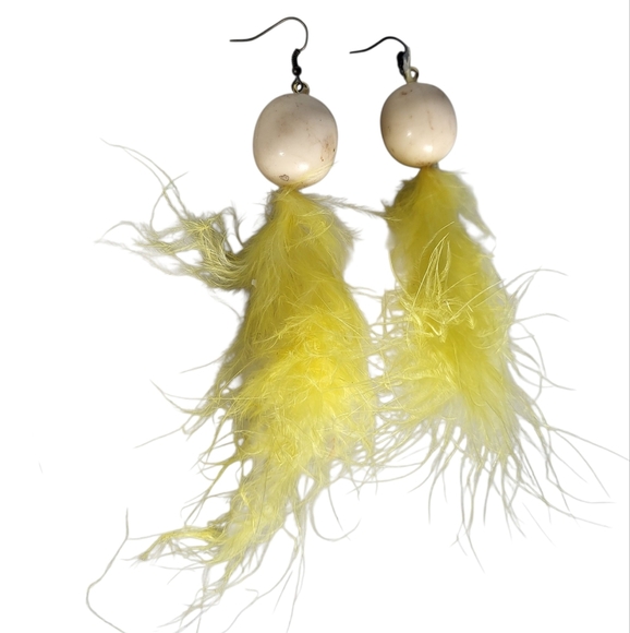 Yellow Feather Statement Earrings White Bead Drop - Picture 2 of 2